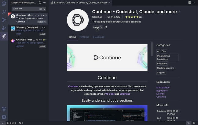 Скриншот плагина Continue для VS Code в магазине расширений. Скриншот плагина Continue для VS Code в магазине расширений.